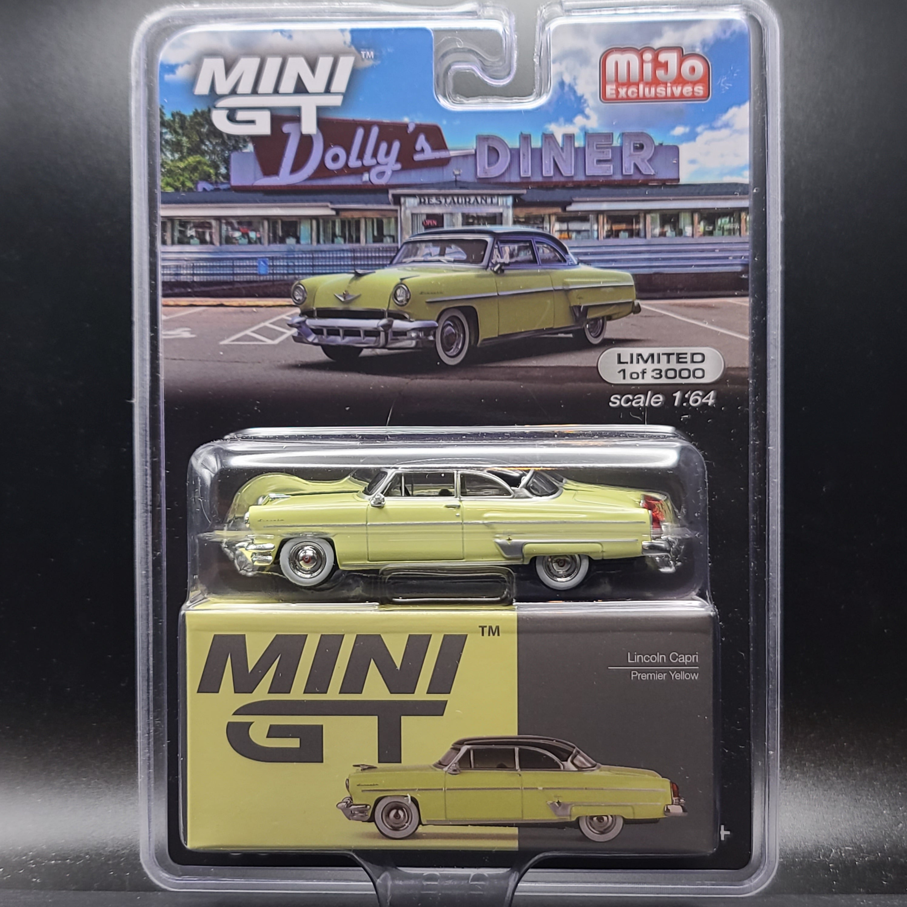 Mini GT Lincoln Capri - 1:64 scale, Premium Yellow (2023 MIJO Exclusives - Limited Edition 1 of 3000)